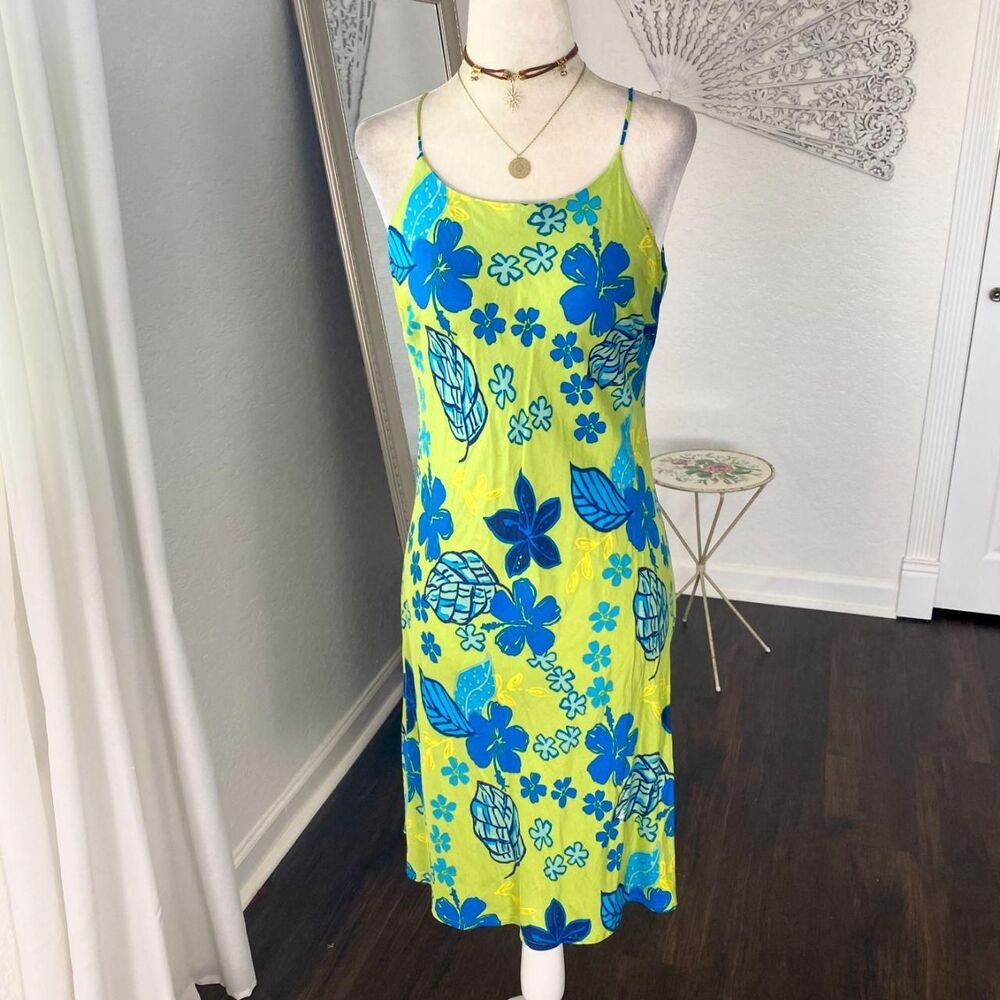 Early 2000's Y2K Lime Green Blue Hawaii Flower Mini Dress S - Picture 2 of 7